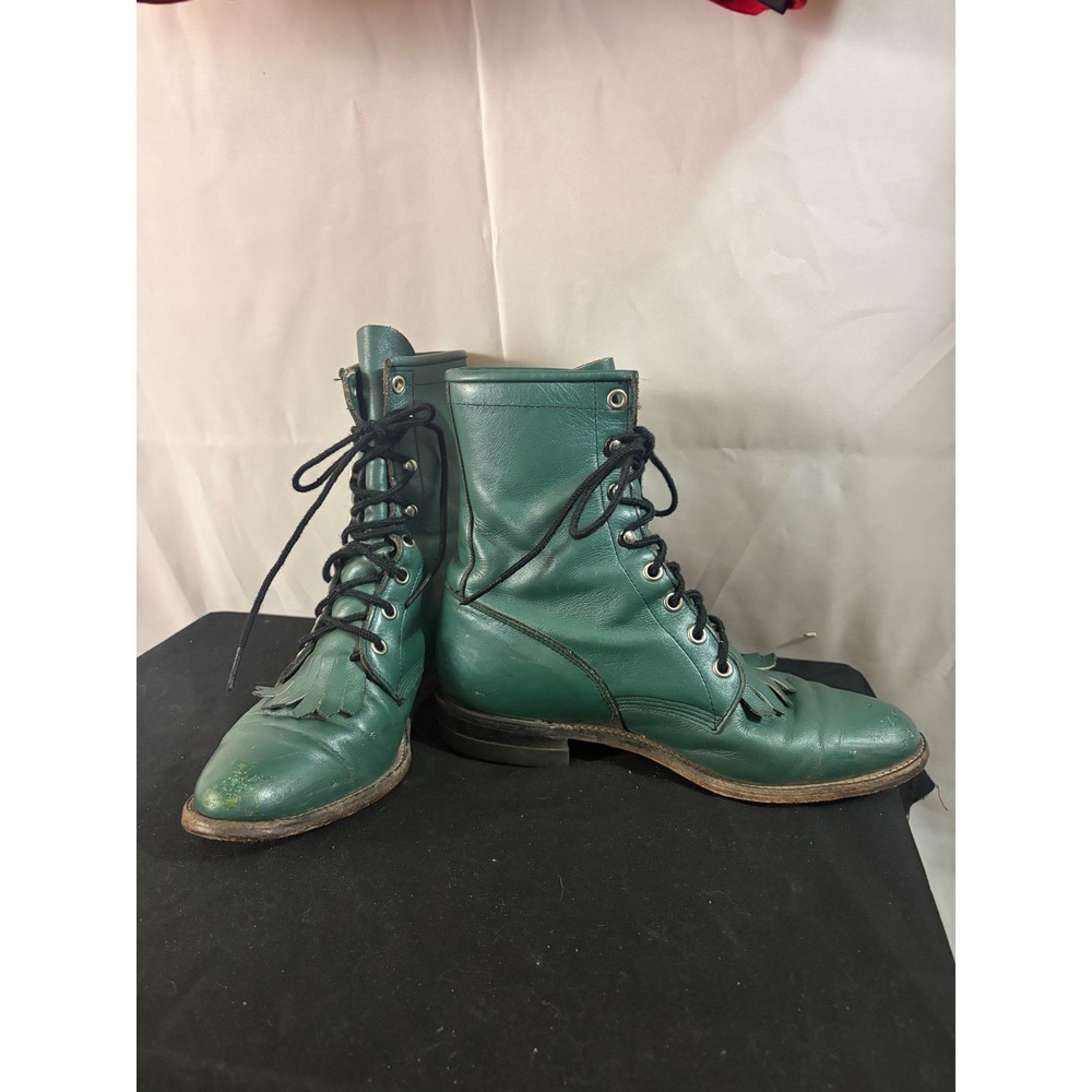 Justin Kiltie Roper Boots Women 6 B Green Good Vintage Leather Lace Up L0524 USA